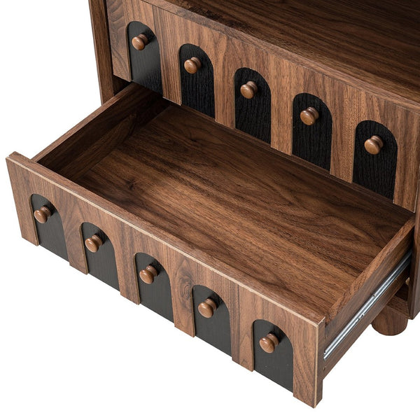 English Elm 26" Mid-century Nightstand with Charging Station Mirrored Drawers and Wood Legs W3417P388714