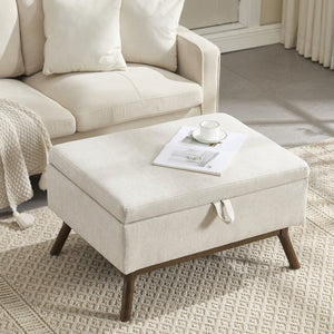 English Elm Mid-century square storage bench with solid wood frame, microfiber upholstery, versatile ottoman seat and tabletop functionality for living room and entryway appeal Beige W1539P269651