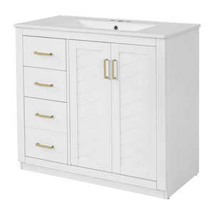 English Elm 36'' Bathroom Vanity with Ceramic Sink Combo, Solid Wood Frame, Soft-Close Drawers and Stylish Retro Groove Design White N710P291684K