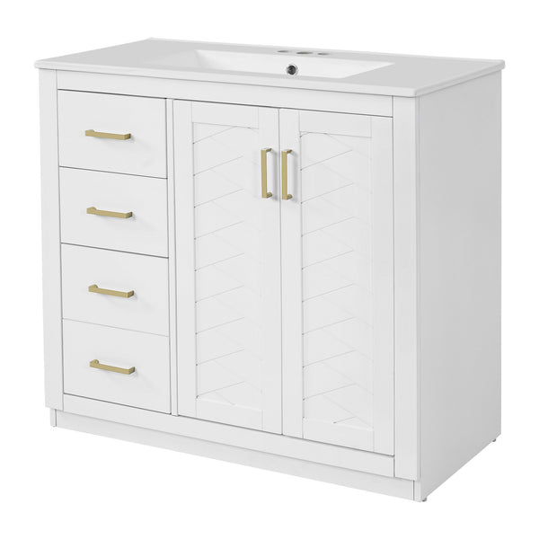 English Elm 36'' Bathroom Vanity with Ceramic Sink Combo, Solid Wood Frame, Soft-Close Drawers and Stylish Retro Groove Design White N710P291684K