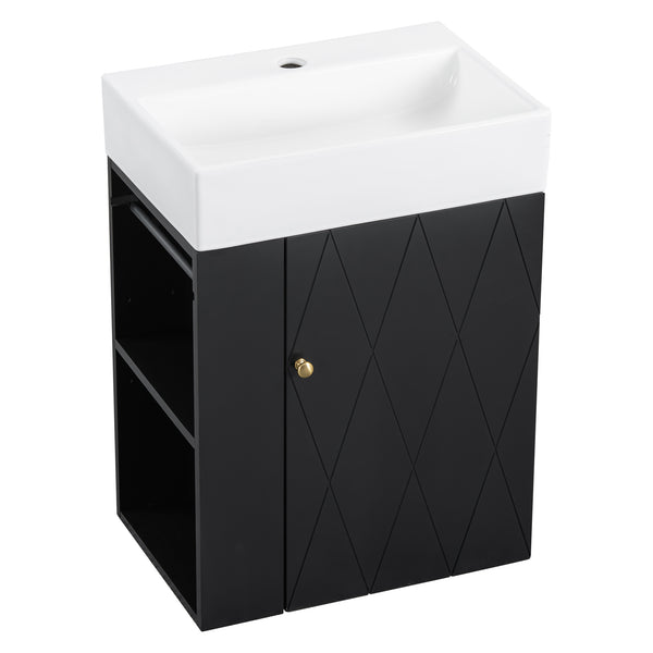 English Elm 20 Modern Wall-Mounted Bathroom Vanity with Ceramic Sink, Diamond Door, Gold Handles & Shelves — Compact Black N725P314033B