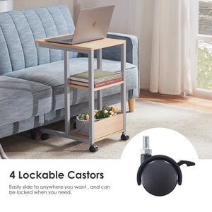 English Elm Shaped End Table with Lockable Wheels and Two-Tier Storage — C-Shape Rolling Side Table for Sofa Natural T3623P409439