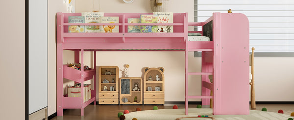 English Elm Twin Low Loft Bed Solid Pine Frame Kids Study Desk Blackboard Storage White Pink W1580S00300