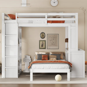 English Elm Full Solid Wood Loft Bed with Removable Lower Bed, Built-In Desk, Shelves & Wardrobe for Space-Saving Designs White W1580S00211