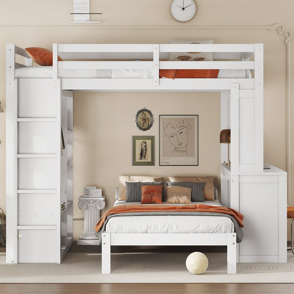 English Elm Full Solid Wood Loft Bed with Removable Lower Bed, Built-In Desk, Shelves & Wardrobe for Space-Saving Designs White W1580S00211