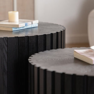 English Elm Set of 2 Fluted Round Nesting Tables Matte Black Solid Wood Living Room Accent W3158P395513
