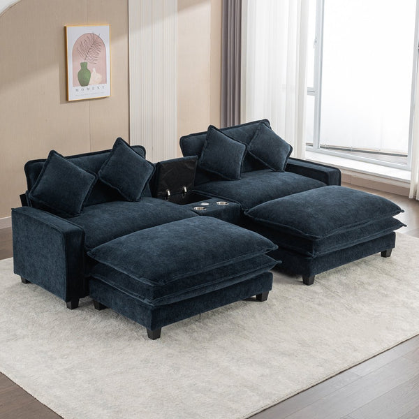 English Elm 111" Sectional Sofa Chenille Upholstered with Removable Ottoman, USB Ports, Cup Holders & Storage Box Blue N719S001480C