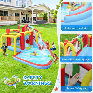 English Elm 7 in 1 Inflatable Backyard Water Park with Slide Splash Pool Climbing Wall and Bouncer W167790010