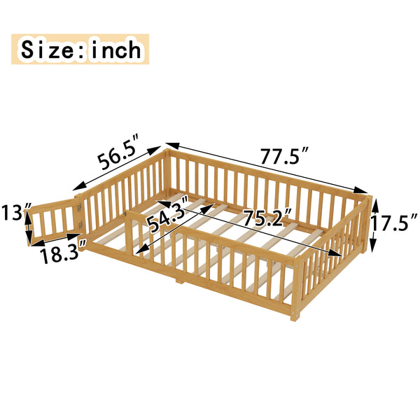 English Elm Full Floor Bed with Safety Guardrails and Play Door for Kids, Low Profile Pine Frame, 550lb Capacity Natural W1580P338952