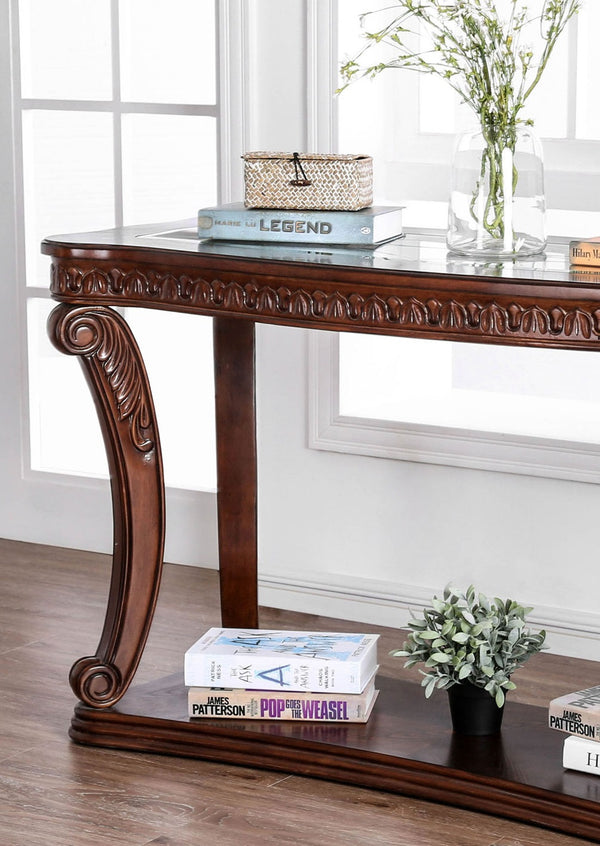 English Elm Sofa Dark Oak Finish Carved Cabriole Legs 48" x 20" Tempered Glass Top with Lower Display Shelf B2741P357401