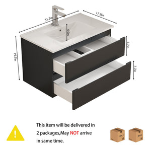 English Elm 32-Inch Wall-Mounted Bathroom Vanity & Ceramic Sink Combo - Soft-Close Drawers, Easy Install! W3151S00046