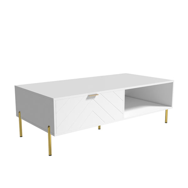 English Elm Mid-century Modern Coffee Table with Dual Drawers Tapered Legs and Open Storage Shelf White T3609P482851