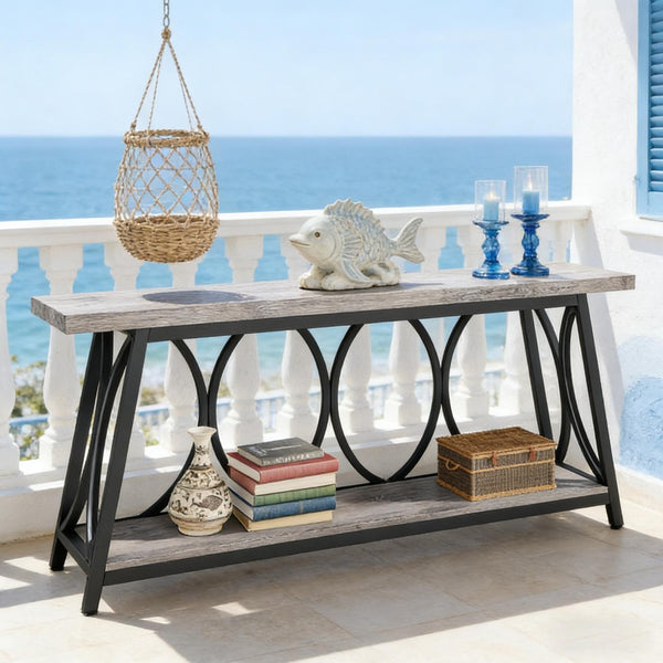 English Elm Hall Console Table Industrial Rustic Two Tier Wood Tone Metal Frame Entryway Sofa T3971P450421