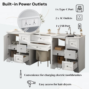 English Elm 84" Double Sink Vanity with Stone Countertop Six Soft Close Drawers and Silver Knobs White N817P404196W