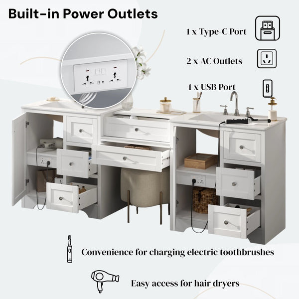 English Elm 84" Double Sink Vanity with Stone Countertop Six Soft Close Drawers and Silver Knobs White N817P404196W