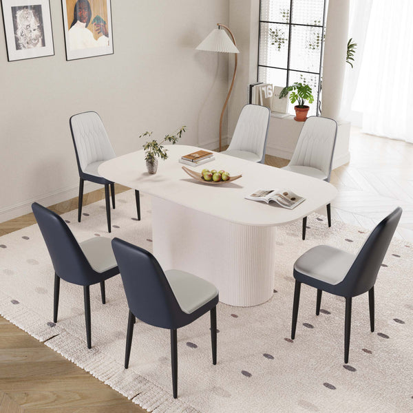 English Elm 63 Medieval Modern Cream Style Dining Table & 6 Pu Chairs Set - Ergonomic Comfort & Durability W2189S00701