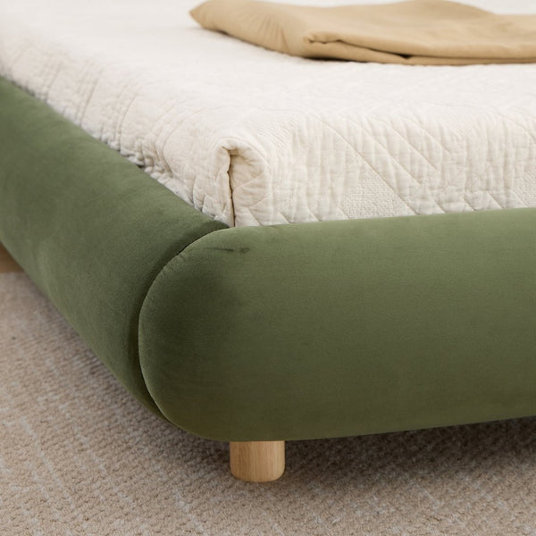 English Elm King Curved Velvet Upholstered Low Profile Platform Bed Sculpted Headboard Modern Green W5632P452163