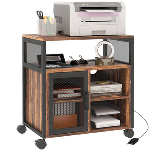 English Elm Vinsetto Rustic Brown Mobile Printer Stand with USB & AC Outlets, Adjustable Shelves, Wheels W2225P173911