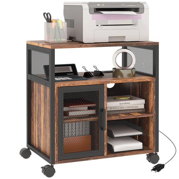 English Elm Vinsetto Rustic Brown Mobile Printer Stand with USB & AC Outlets, Adjustable Shelves, Wheels W2225P173911