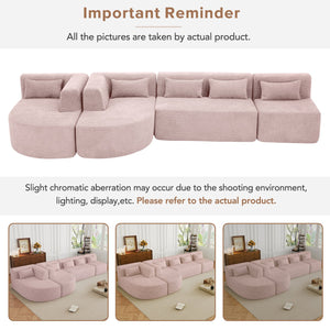 English Elm 144" Upholstered L-Shape Sofa with Bouclé Fabric, Plush Pocket-Spring Seats & Five Pillows for Living Room Pink N719S001850P
