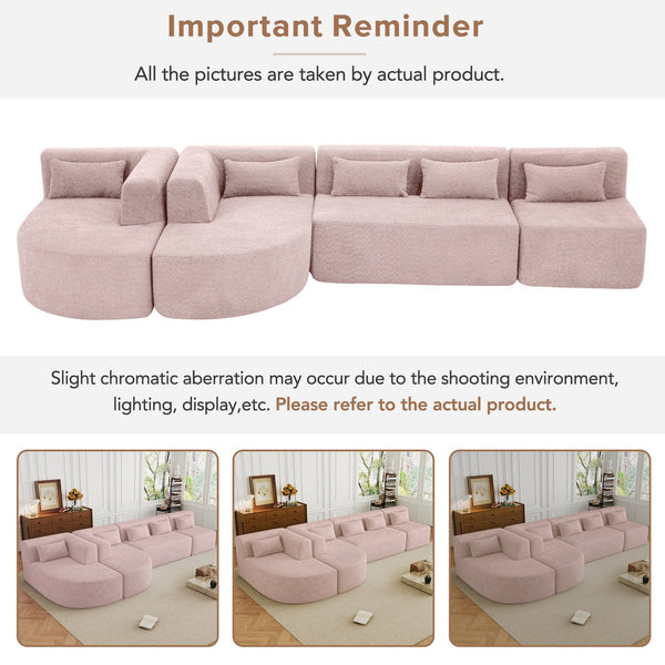 English Elm 144" Upholstered L-Shape Sofa with Bouclé Fabric, Plush Pocket-Spring Seats & Five Pillows for Living Room Pink N719S001850P