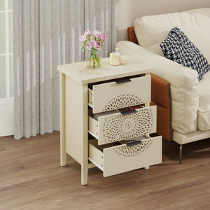 English Elm Hollow-Carved 3 Drawer Cabinet Dresser Storage Chest with Black Metal Handles, Anti-Tip Safety & Elegant Pattern (36.23x18.51x7.88) W688P223042