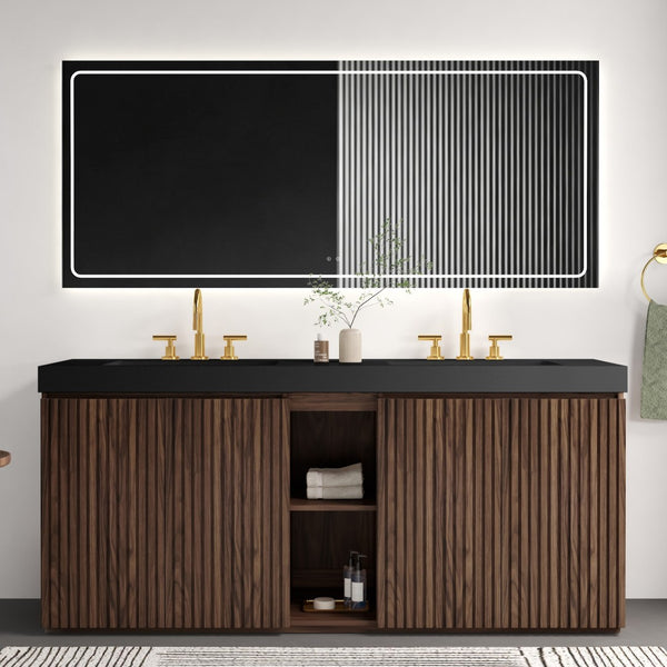 English Elm Galan 72 Inch Double Sink Vanity Fluted Wood Quartz Top Freestanding Bathroom Cabinet Walnut Brown W1865S00231