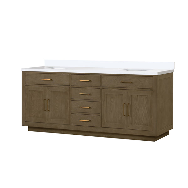 English Elm Grey Oak Double Bath Vanity 84" W With White Quartz Top, Soft-Close Drawers & Ample Storage Space B2731P257862