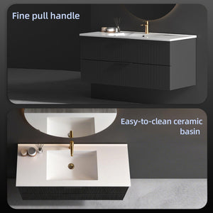 English Elm 48 Inch Floating Bathroom Vanity Fluted Matte Black with Ceramic Sink and Soft Close Drawers W3520S00040