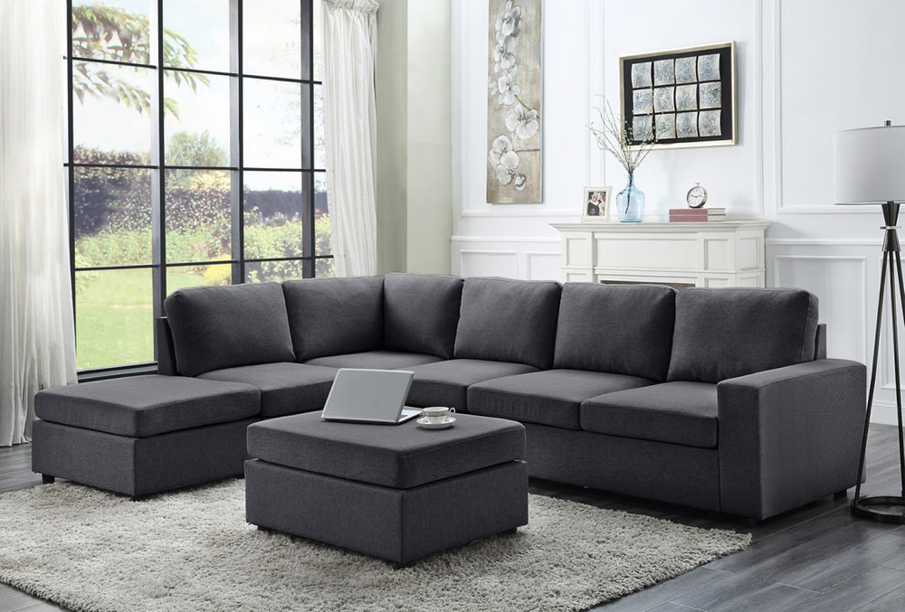 English Elm Cassiana Seven Seat Linen Modular Sectional with Ottoman for Open Living Spaces Dark Gray B2749S00047