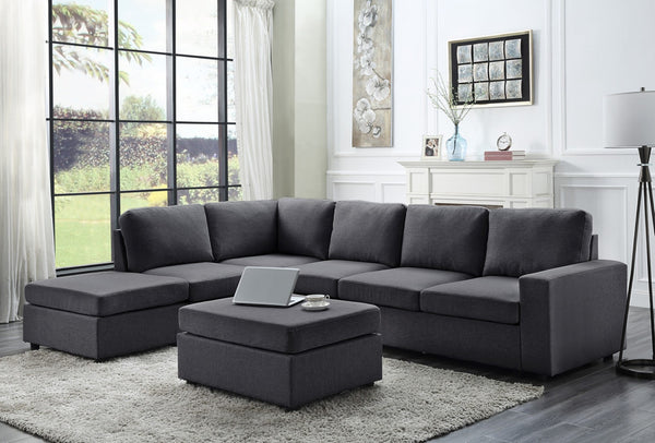 English Elm Cassiana Seven Seat Linen Modular Sectional with Ottoman for Open Living Spaces Dark Gray B2749S00047