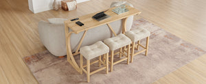 English Elm 59 Inch Bar Table Set with Power Outlet Rubberwood Frame and 3 Linen Stools Light Oak W2972P385256