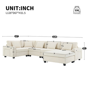 English Elm 128*67" U Shaped Sectional Sofa with Movable Ottoman, Hidden Armrest Storage, Cup Holders & USB Ports Off White N723S0192A