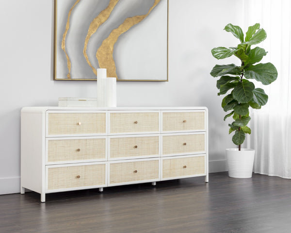 Sunpan TIERRA Dresser - Coastal Charm with Artisan Rattan, Antique White Finish, 9 Spacious Drawers for Storage 109790