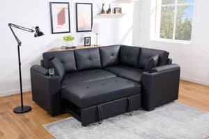 English Elm Donovan Black PVC Sleeper Sectional with USB Ports, Cupholders & Hidden Storage Arms — Versatile Comfort B061S00873