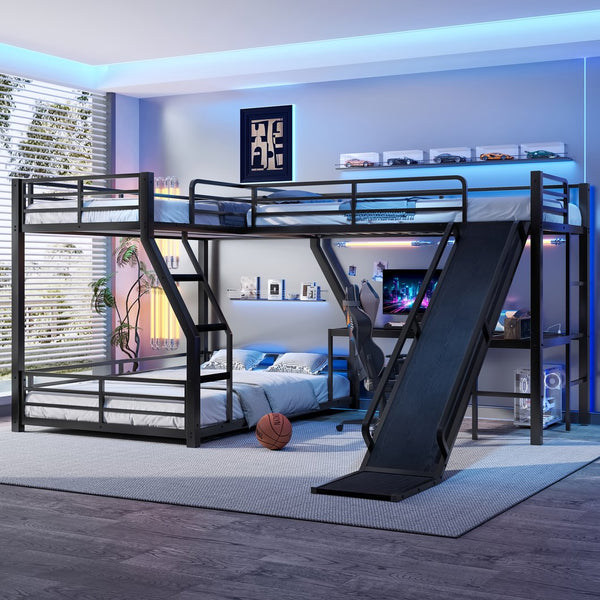English Elm L-Shaped Triple Bunk Bed With Slide, Usb Ports, And Space-Saving Design For Kids & Teens, Black W1580S00277