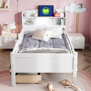 English Elm Wood Twin Size Platform Bed with Built-in LED Light, Multifunctional Headboard, Guardrail & Storage Drawers White N709P243969K