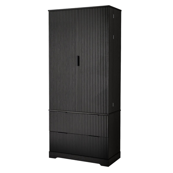 English Elm 72" Modern Fluted Pantry Cabinet with 2 Large Silent Drawers, 8-Door Spice Rack & Adjustable Shelf Organizer Black W2917P294988