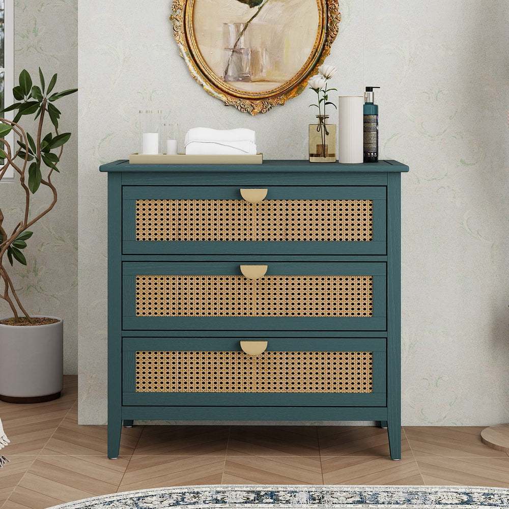 English Elm 3 Drawer Cabinet Solid Wood Veneer & Natural Rattan Finish, Hand-Painted Detail, Anti-Slip Feet for Bedroom Living Room Study (34x18x10 in) Green W68858063