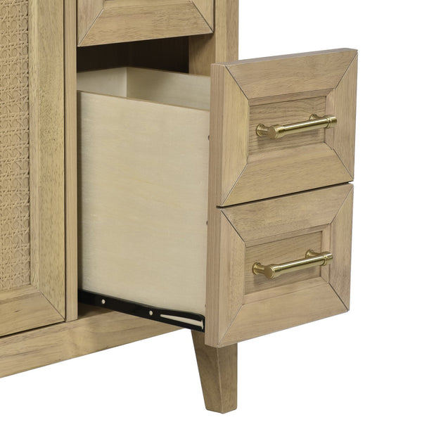 English Elm 36" Light Oak Bathroom Vanity with Ceramic Sink, Rattan Accents, Soft-Close Doors & Spacious Drawers N729P208125O