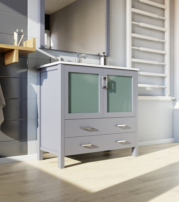 English Elm Dark Grey Bath Vanity 36" W X 18.25" D - Modern Design With White Ceramic Top & Soft-Close Drawers B2731P260437