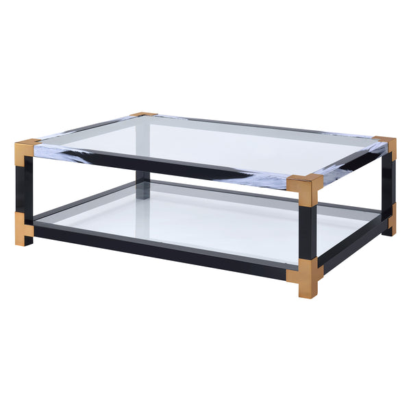 English Elm Lafty Modern Clear Tempered Glass Coffee Table with White Brushed Metal Legs, Open Shelf Storage, Sleek Design B2726P256354
