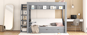 English Elm Wood Full Size Convertible Bunk Bed with Storage Staircase, Bedside Table and 3 Drawers, Gray - Space-Saving, Durable Design SM000335AAE