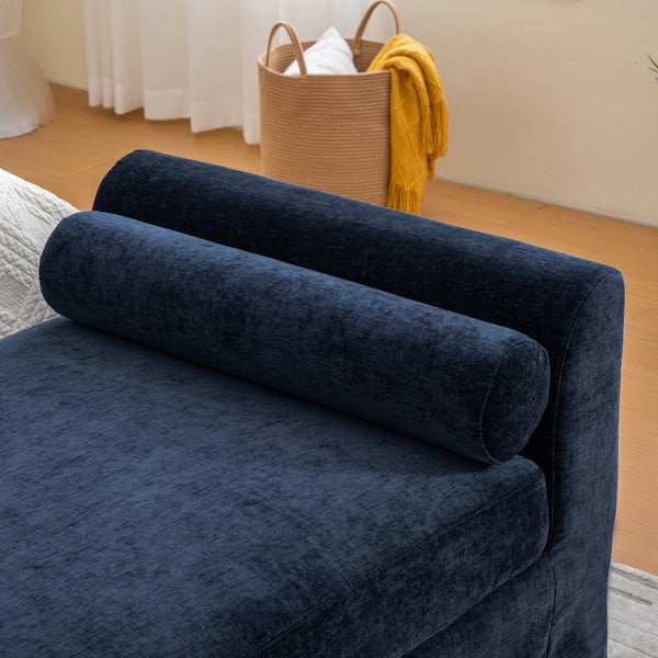 English Elm 88.58" Wide Chenille Upholstered Bench with Curved Armrests and Bolster Pillows for Bedroom Navy W3189S00029