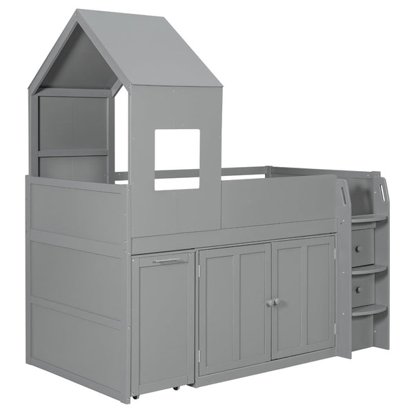 English Elm Twin House Loft Bed with Pull Out Rolling Desk Stair Drawers and Cabinet Storage Gray N820S00072E