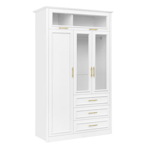 English Elm 3 Door Wardrobe Armoire Closet with LED Lighting, 4-Door Style, 3 Drawers, White Gold Accents, Spacious Storage N7090001843K