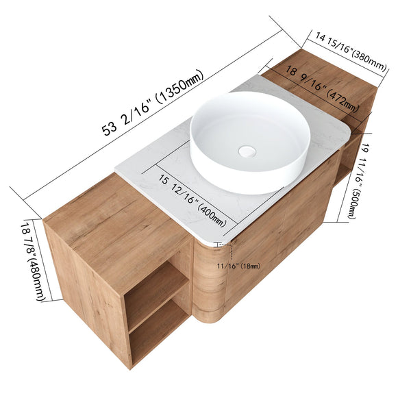 English Elm 54'' Elegant Wall-Mounted Bathroom Vanity With Ceramic Vessel Sink, Soft-Close Doors & Storage Shelves W999S00414
