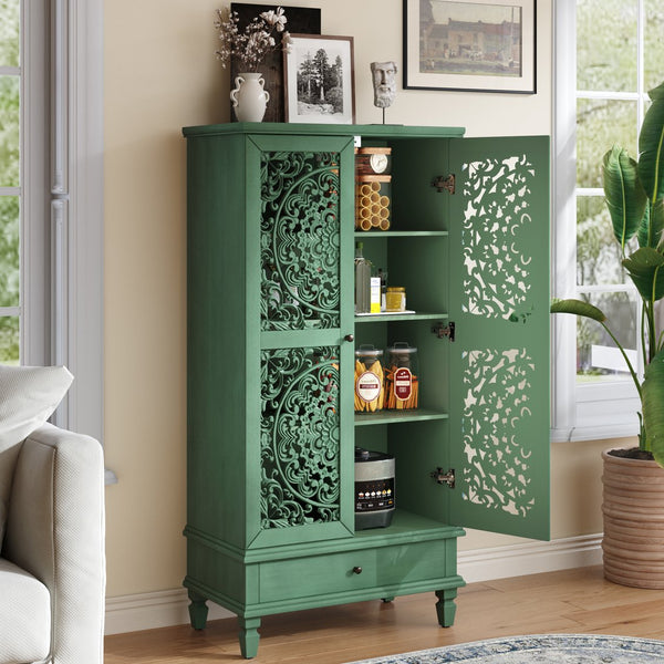 English Elm Rustic Retro Green 55" Tall Storage Cabinet with Carved Doors, Drawer & Solid Wood Legs for Home Decor Antique Green W1445P376553