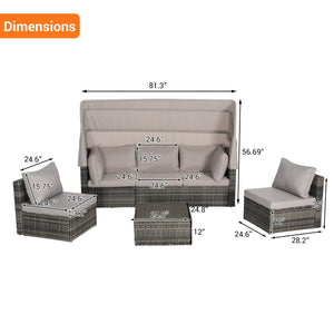 English Elm 5 Piece Outdoor Pe Rattan Daybed Set with Retractable Canopy and Tempered Glass Table Light Gray W874S00031