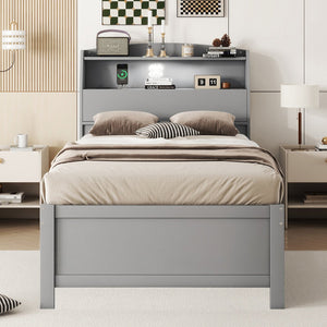 English Elm Twin LED Platform Bed with Trundle and Under-Storage Drawers, Flip-Up Headboard, USB Ports Gray N820S10008E